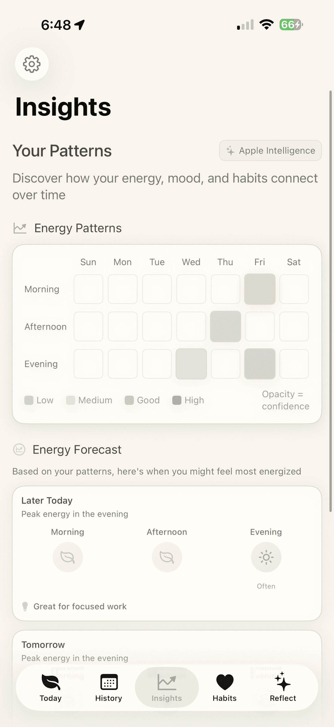 Energy insights screen in the Kindly gentle habit tracker