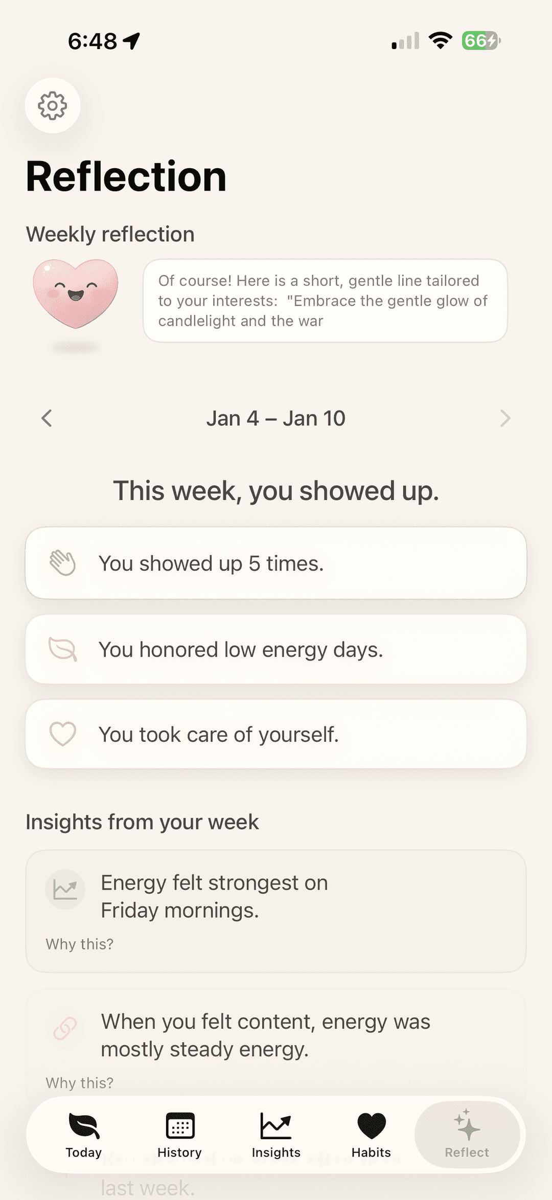 Weekly reflections screen in the Kindly gentle habit tracker