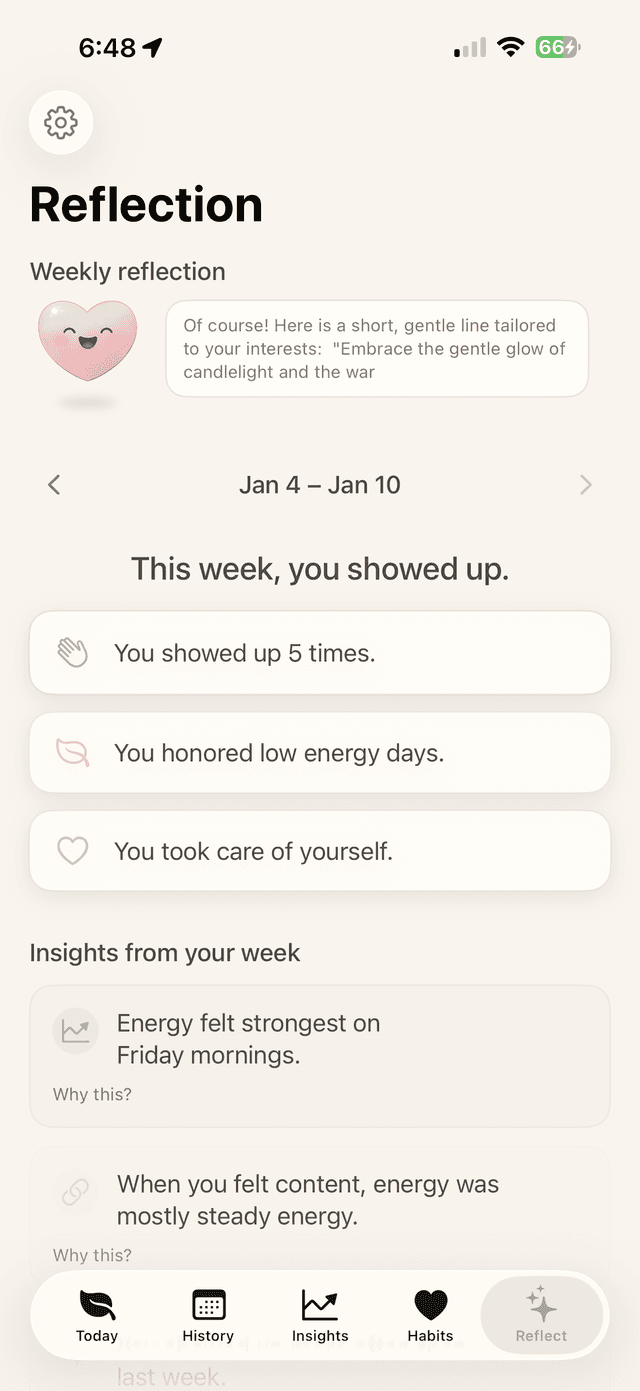 Weekly reflection screen in the Kindly gentle habit tracker