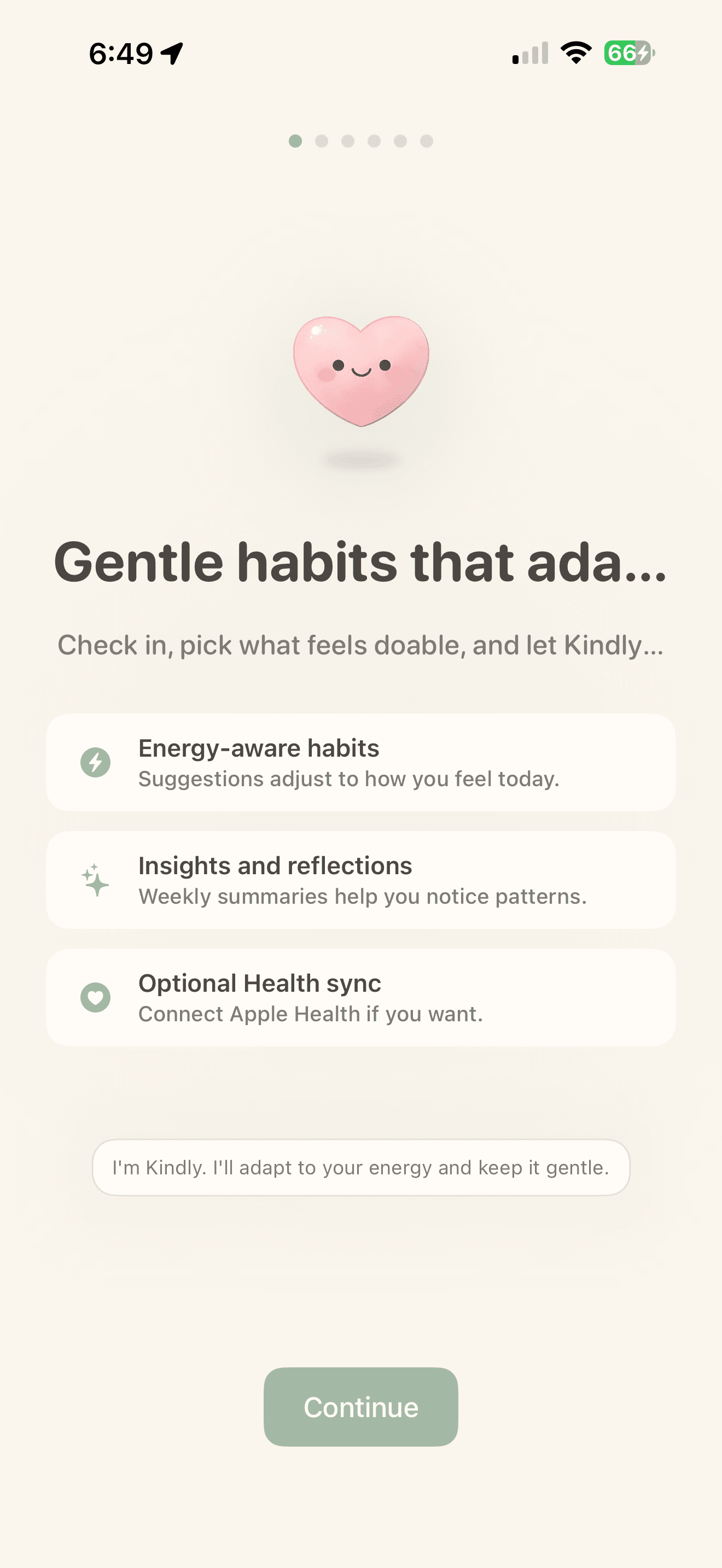 Onboarding overview in the Kindly gentle habit tracker