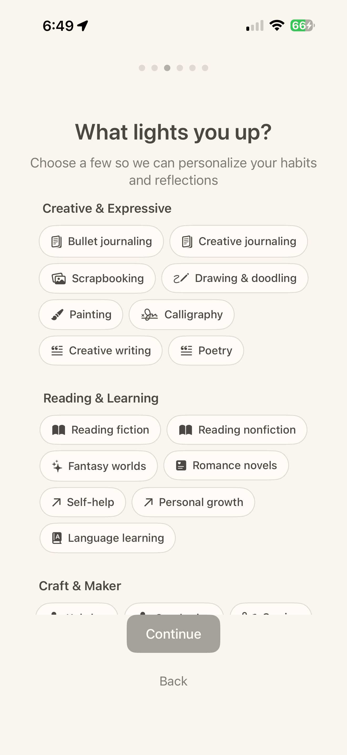 Interest selection in the Kindly gentle habit tracker