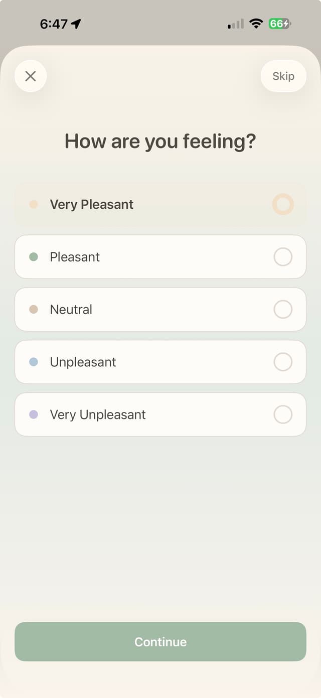 Mood check-in screen in the Kindly gentle habit tracker