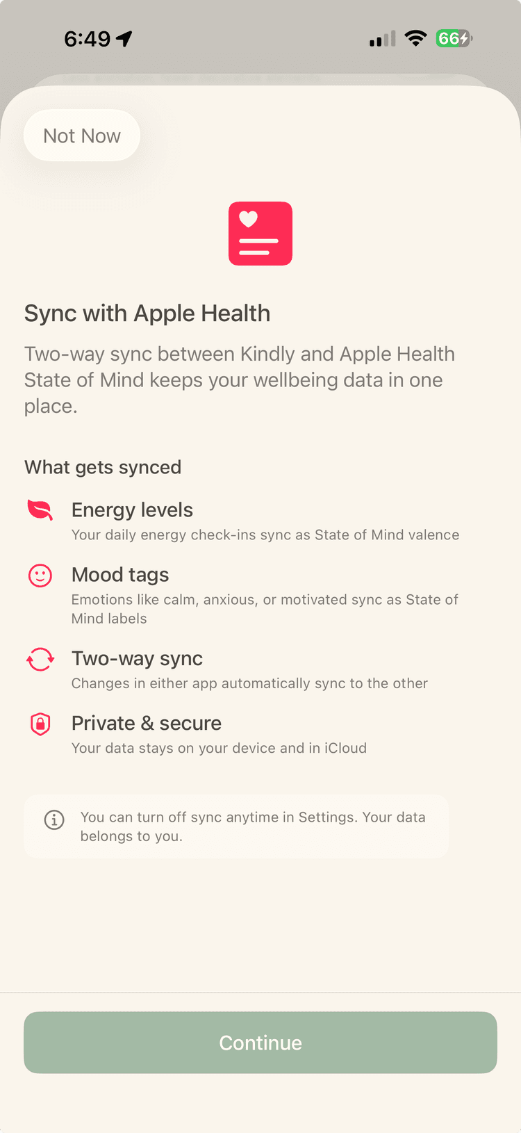 Apple Health integration screen in the Kindly gentle habit tracker
